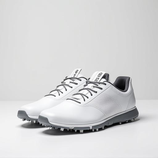 A modern pair of white hybrid spikeless golf shoes.