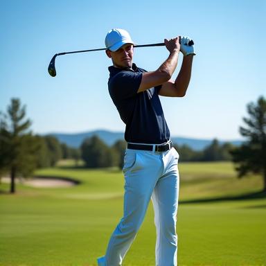 An advanced golfer with perfect form, finishing a powerful drive.