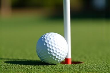 A golf ball perfectly aimed at the flagstick on a green.