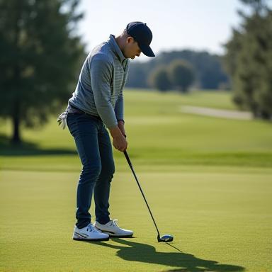 A focused intermediate golfer addressing the ball on the fairway.