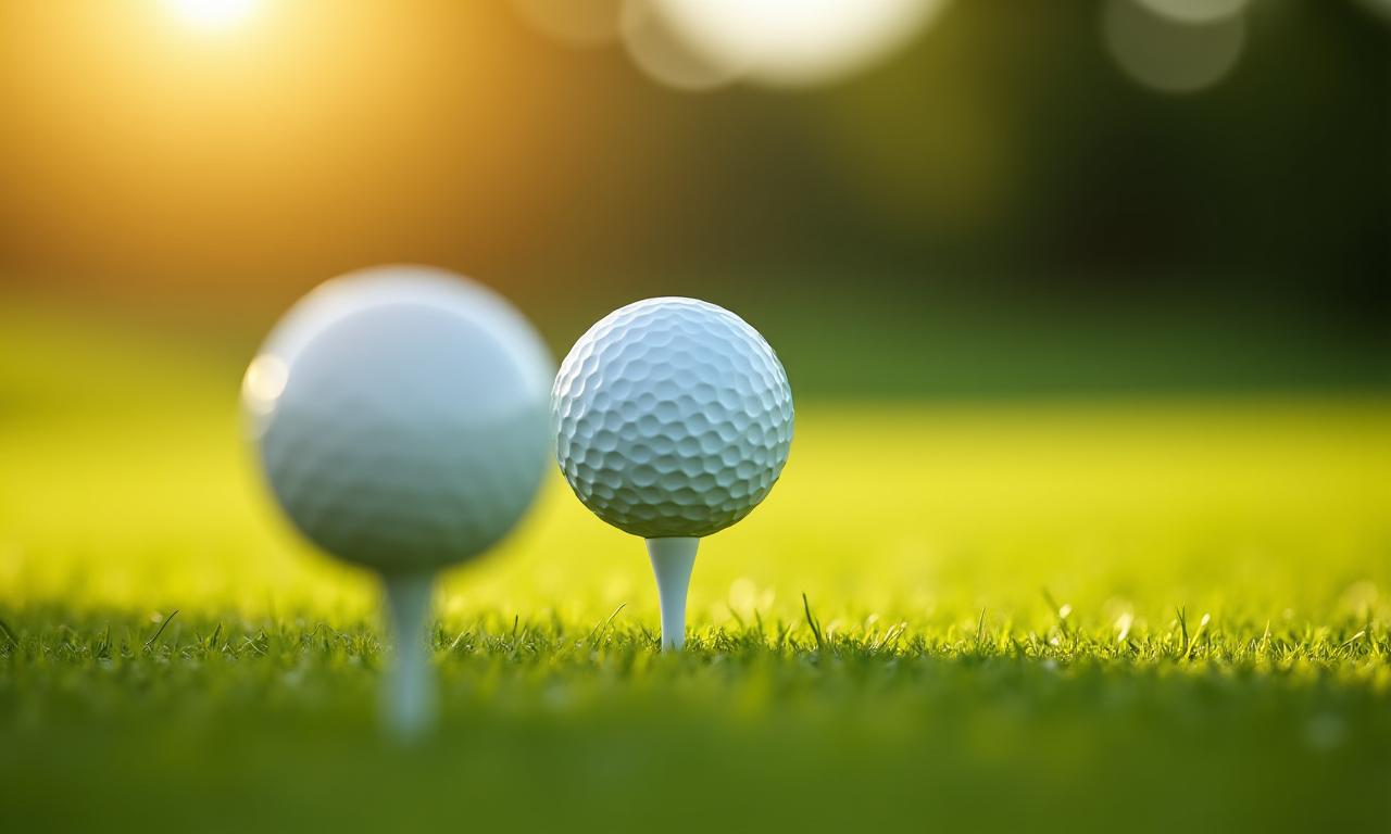 A pristine golf ball on a tee with a lush green fairway in the background.