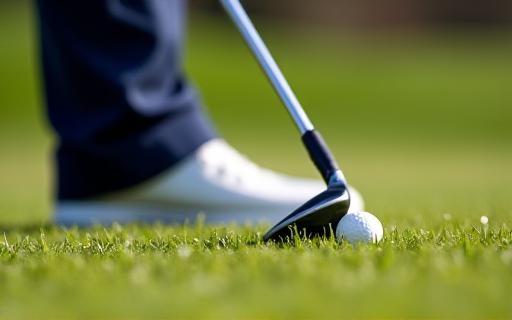 A golfer executing a precise chip shot near the green, sending the ball skyward.