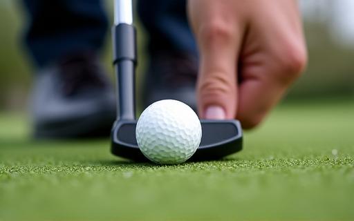 A close-up of a golfer lining up a long putt with intense focus.