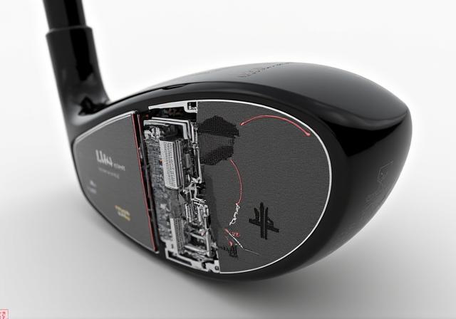 A detailed cutaway render showing the internal weighting and multi-material construction of a golf driver.